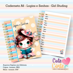 Caderneta A6 - Logins e Senhas - Girl Studing