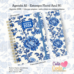 Agenda A5 – 2026 Datada – 1 DIA POR PÁGINA / SAB e dom na mesma página – 2 MIOLOS ( com / sem horário) – Estampa Floral Azul e Branco N1