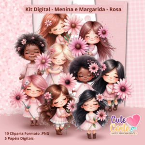 Kit Digital – Menina e Margarida – Papéis Digitais e Cliparts