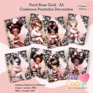 Pack – ROSE GOLD - Cadernos Pautados A5 Decorados (8 modelos)