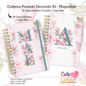 Caderno A5 Pautado - Magnólias -  Capas Alfabeto + Mãe