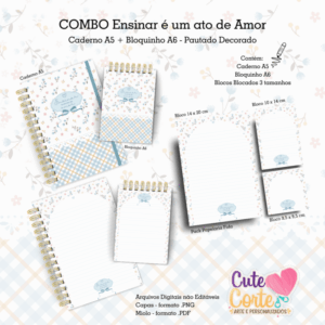 COMBO Ensinar é um Ato de Amor - Caderno A5 _ Bloquinho A6 + Pack Papelaria Fofa