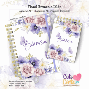 Caderno Pautado A5 + Bloquinho A6 – Flores Branco e Lilás
