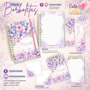 Pack Borboletas - Caderno A5 Frases Motivacionais + Bloquinho A6 + Extras