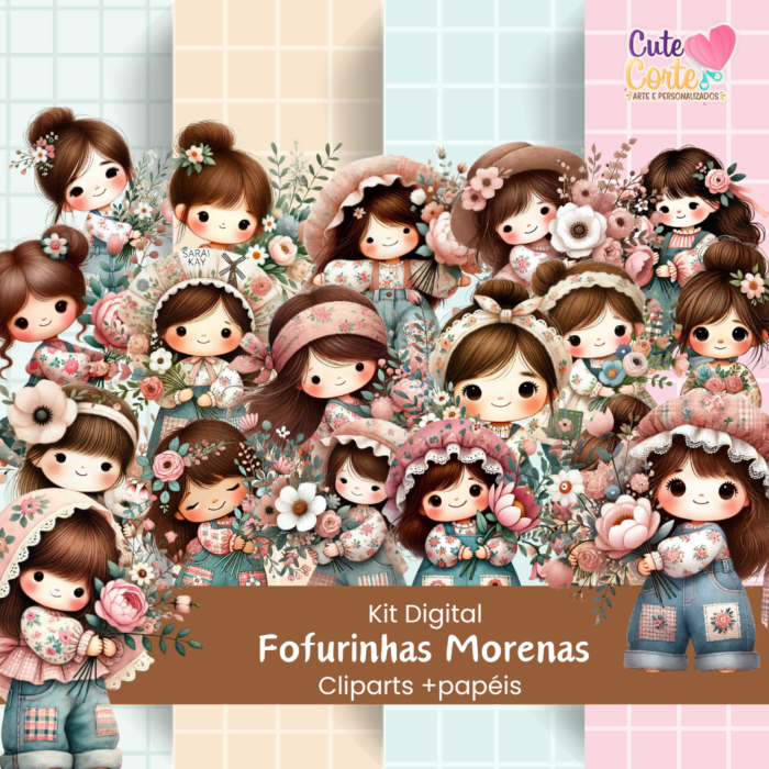 Kit Digital - Fofurinhas / Morenas (4 Papéis Digitais + 17 Cliparts)