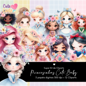 Kit Digital - Princesinhas Cute Baby (5 Papéis Digitais + 12 Cliparts)