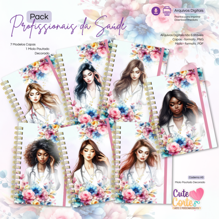 Pack Profissionais da Saúde - Caderno A5 - 7 Modelos de Capa