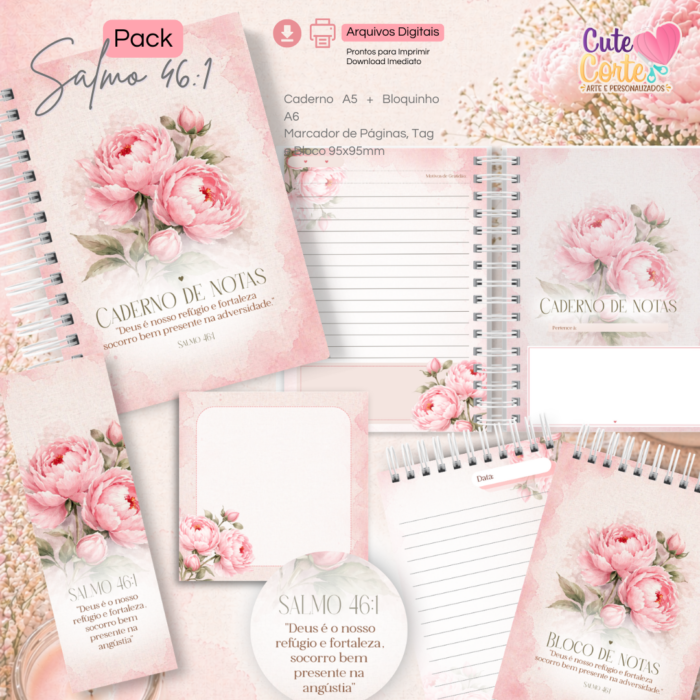 Pack Salmo 46:1- Caderno A5 + Bloquinho A6 + Extras