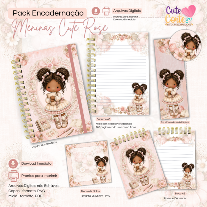 Combo Encadernação - Meninas Cute Rose - Caderno A5 + Bloquinho A6 + Extras ( 9 Packs ) - Imagem 3