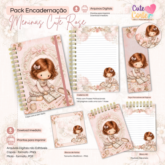 Combo Encadernação - Meninas Cute Rose - Caderno A5 + Bloquinho A6 + Extras ( 9 Packs ) - Imagem 4