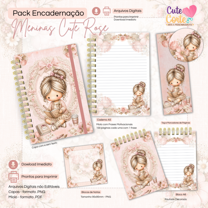 Combo Encadernação - Meninas Cute Rose - Caderno A5 + Bloquinho A6 + Extras ( 9 Packs ) - Imagem 5