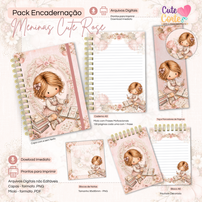 Combo Encadernação - Meninas Cute Rose - Caderno A5 + Bloquinho A6 + Extras ( 9 Packs ) - Imagem 6