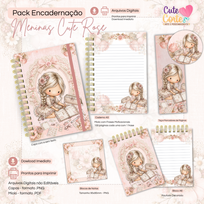 Combo Encadernação - Meninas Cute Rose - Caderno A5 + Bloquinho A6 + Extras ( 9 Packs ) - Imagem 7
