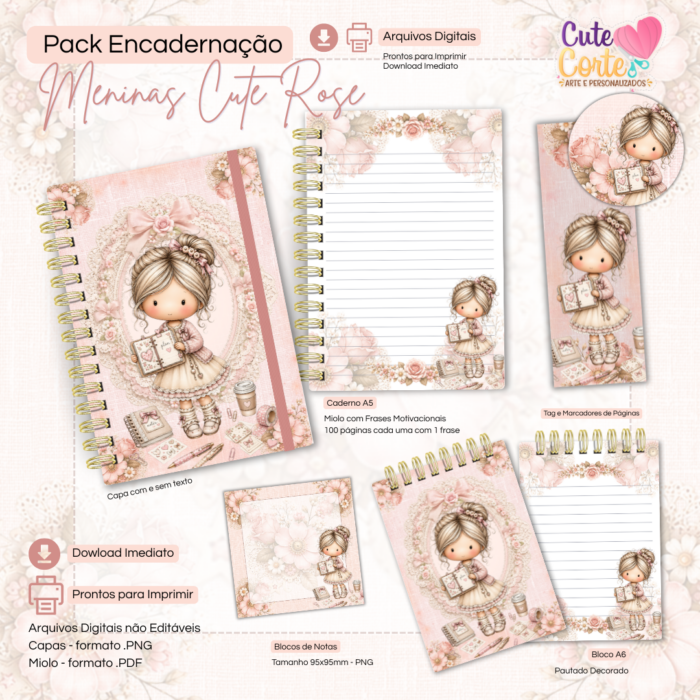 Combo Encadernação - Meninas Cute Rose - Caderno A5 + Bloquinho A6 + Extras ( 9 Packs ) - Imagem 8