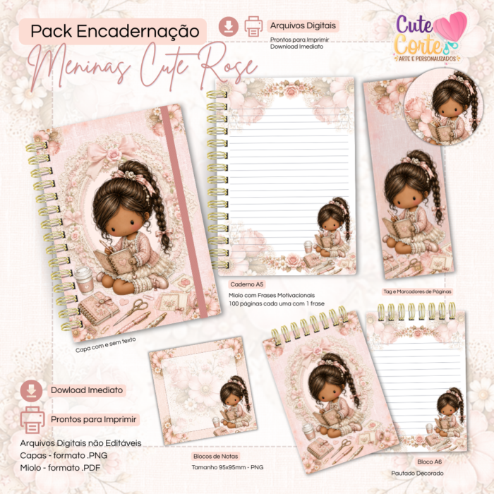 Combo Encadernação - Meninas Cute Rose - Caderno A5 + Bloquinho A6 + Extras ( 9 Packs ) - Imagem 9
