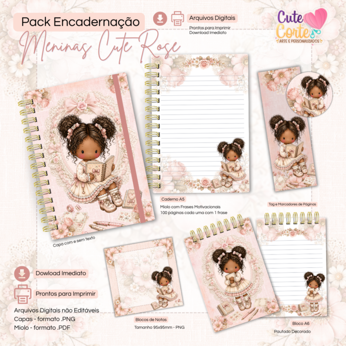 Combo Encadernação - Meninas Cute Rose - Caderno A5 + Bloquinho A6 + Extras ( 9 Packs ) - Imagem 10