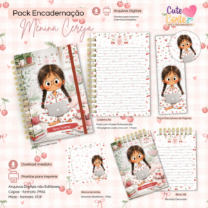 Menina Cerejinha N1 - Caderno Pautado A5  + Bloquinho A6 + Extras