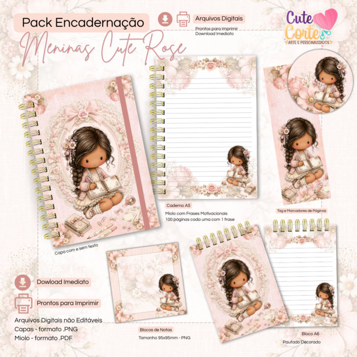Combo Encadernação - Meninas Cute Rose - Caderno A5 + Bloquinho A6 + Extras ( 9 Packs ) - Imagem 2