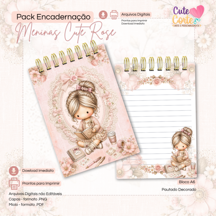 Combo Encadernação - Meninas Cute Rose - Caderno A5 + Bloquinho A6 + Extras ( 9 Packs ) - Imagem 14