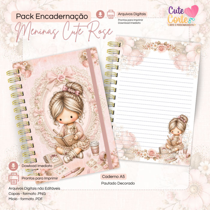 Combo Encadernação - Meninas Cute Rose - Caderno A5 + Bloquinho A6 + Extras ( 9 Packs ) - Imagem 13