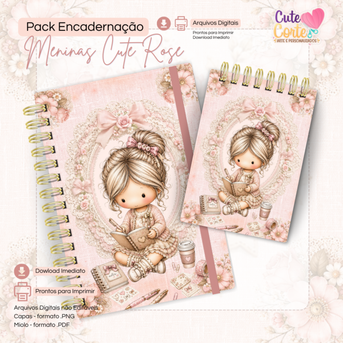 Combo Encadernação - Meninas Cute Rose - Caderno A5 + Bloquinho A6 + Extras ( 9 Packs ) - Imagem 12