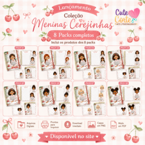 Combo Encadernação - Meninas Cerejinhas - Caderno A5 + Bloquinho A6 + Extras ( 8 Packs )