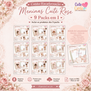 Combo Encadernação - Meninas Cute Rose - Caderno A5 + Bloquinho A6 + Extras ( 9 Packs )