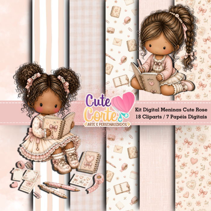 Kit Digital - Meninas Cute Rose (7 Papéis Digitais + 18 Cliparts)