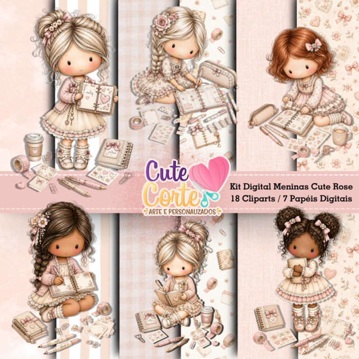 Kit Digital - Meninas Cute Rose (7 Papéis Digitais + 18 Cliparts) - Imagem 2