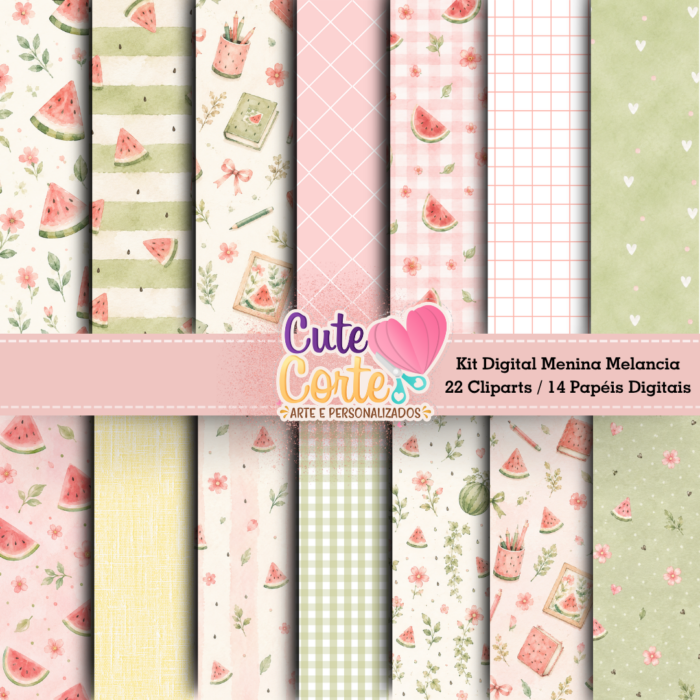 Kit Digital - Meninas Melancia (14 Papéis Digitais + 22 Cliparts) - Imagem 2