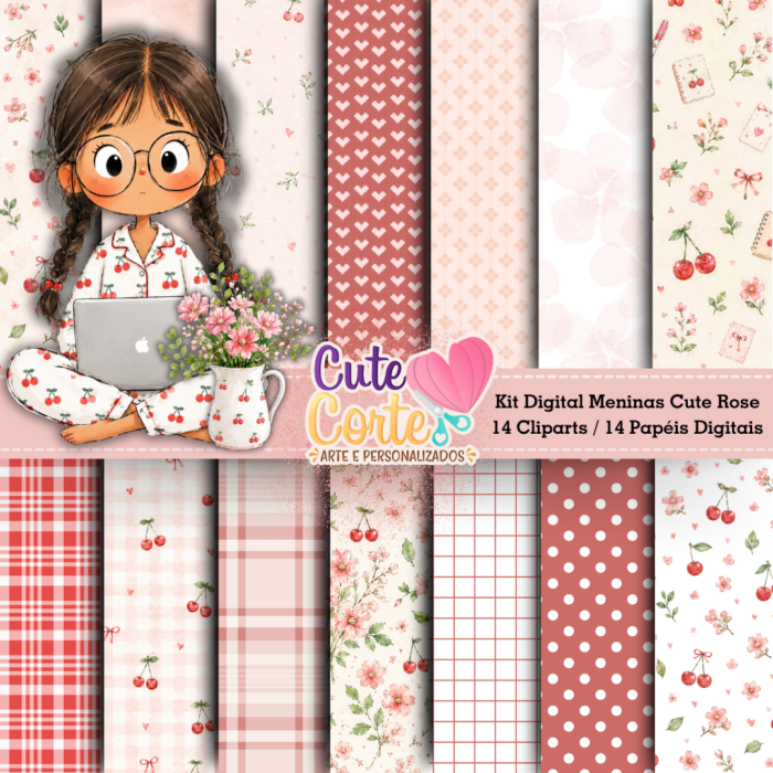 Kit Digital - Meninas Cerejinhas (14 Papéis Digitais + 14 Cliparts) - Imagem 2