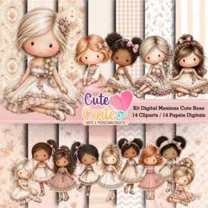 Kit Digital - Meninas Cute Rose N2 (14 Papéis Digitais + 14 Cliparts)