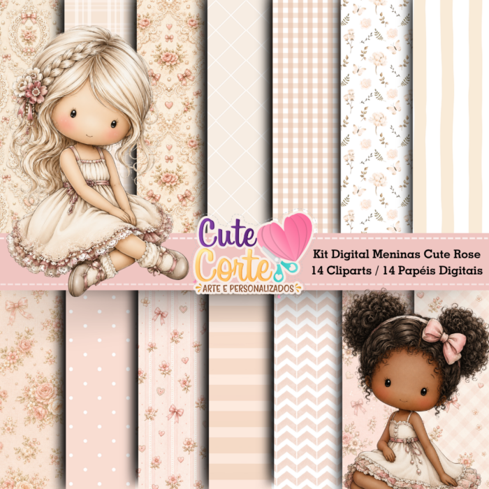 Kit Digital - Meninas Cute Rose N2 (14 Papéis Digitais + 14 Cliparts) - Imagem 2