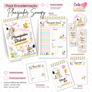 Pack Planejador Snoopy - Bloco Decorado A5  + CheckList A6 + Extras