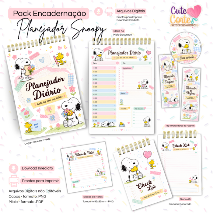 Pack Planejador Snoopy - Bloco Decorado A5 + CheckList A6 + Extras