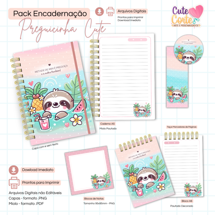 Preguicinha Cute - Caderno Pautado A5 + Bloquinho A6 + Extras