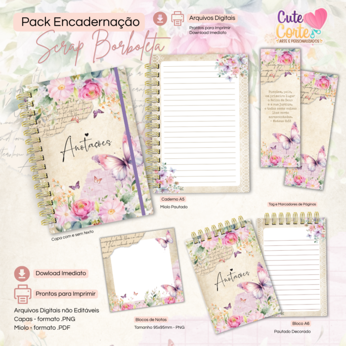 Scrap Borboleta - Caderno Pautado A5 + Bloquinho A6 + Extras