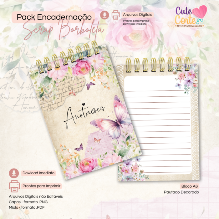 Scrap Borboleta - Caderno Pautado A5 + Bloquinho A6 + Extras - Imagem 3