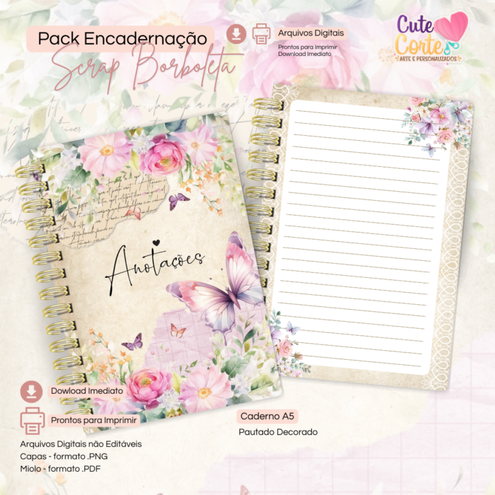 Scrap Borboleta - Caderno Pautado A5 + Bloquinho A6 + Extras - Imagem 4