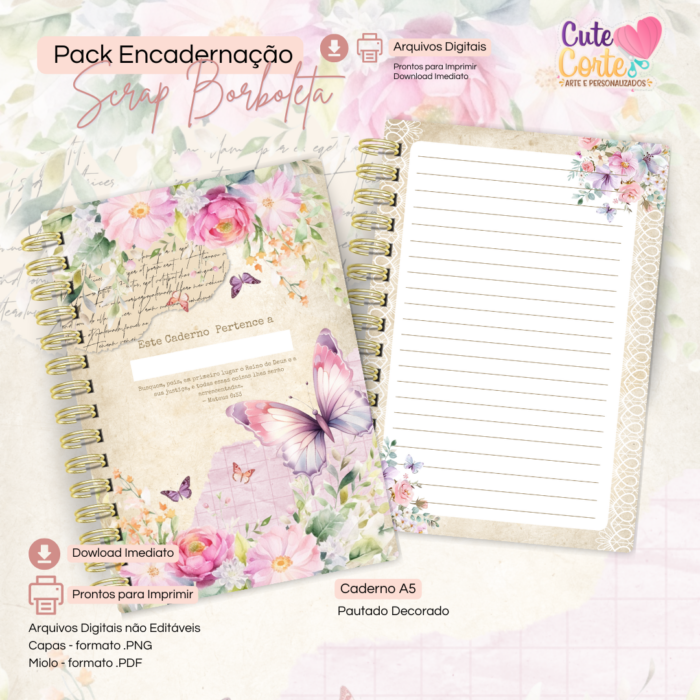 Scrap Borboleta - Caderno Pautado A5 + Bloquinho A6 + Extras - Imagem 5