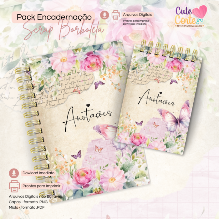 Scrap Borboleta - Caderno Pautado A5 + Bloquinho A6 + Extras - Imagem 2