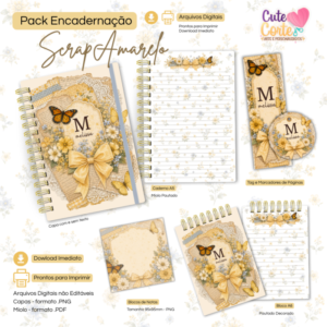 Scrap Amarelo - Caderno Pautado A5  + Bloquinho A6 + Extras