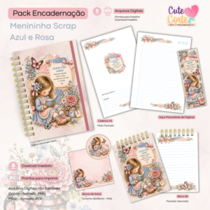 Menina Scrap Rosa e Azul - Caderno Pautado A5 + Bloquinho A6 + Extras