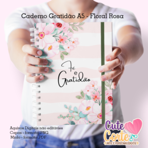 Gratidão Floral Rosa - Caderno Pautado A5  + Bloquinho A6