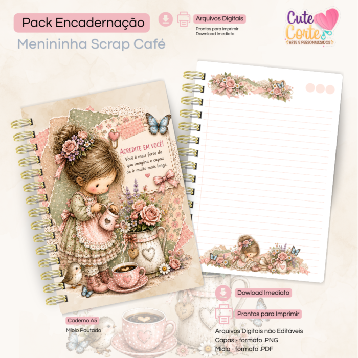 Menina Scrap Café - Caderno Pautado A5 + Bloquinho A6 + Extras - Imagem 3